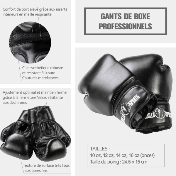 De gros ✔️ Sport De Combat Gorilla Gants De Boxe Professionnels Gorilla Sports Coloris Noir 10 Oz – 16 Oz NOIR ✨ 3